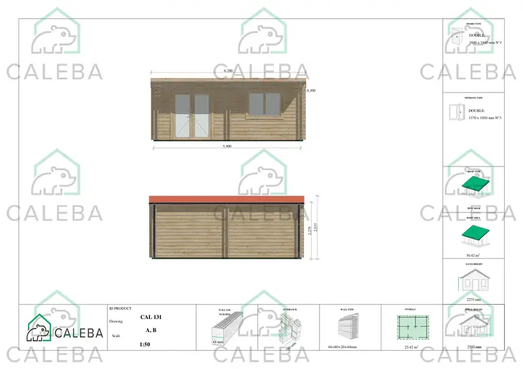 Casa di legno coibentata una stanza ELENA 25.42 m², lati A/B