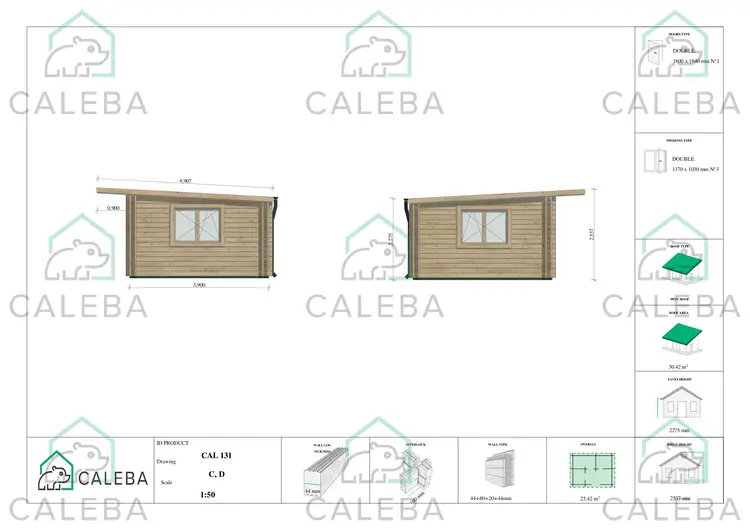 Casa di legno coibentata una stanza ELENA 25.42 m², lati C/D
