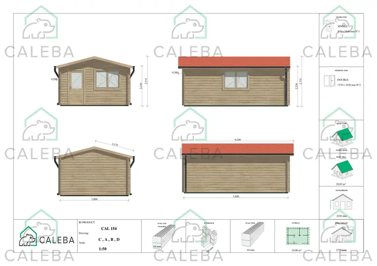 Casa in legno da giardino ANNA 24 m², lati A/B/C/D