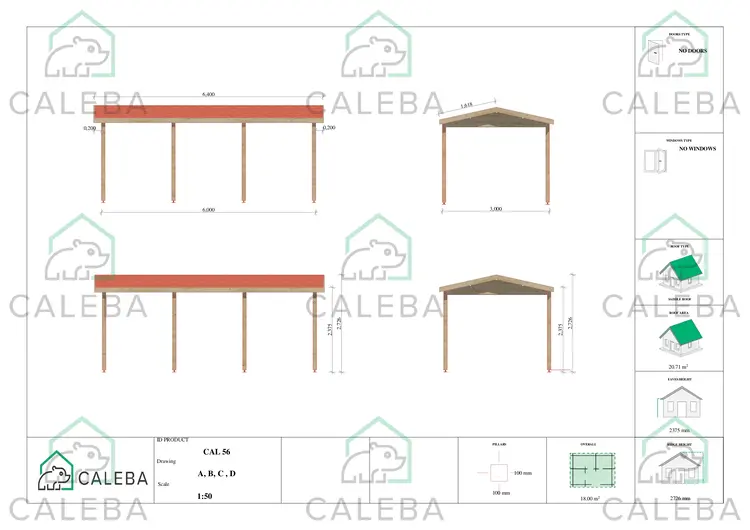 Tettoia auto di legno 18 m², lato A/B/C/D
