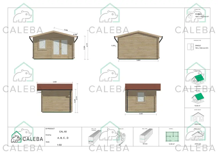 Casetta in legno GIULIA 12 m², lati A/B/C/D