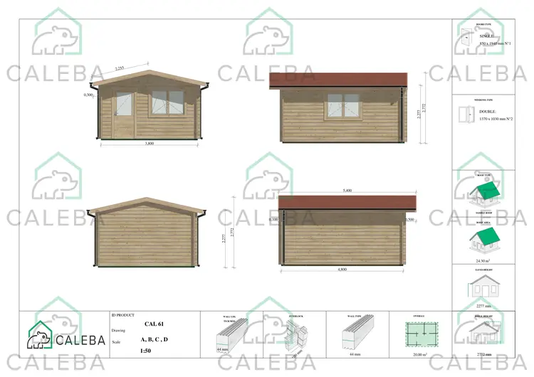Casetta in legno ANITA 20 m², lati A/B/C/D