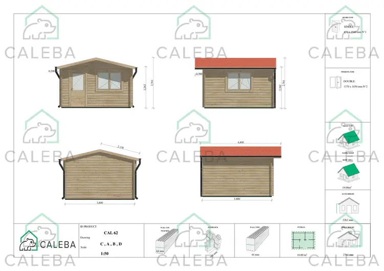 Casa in legno da giardino ANNA 16 m², lati A/B/C/D