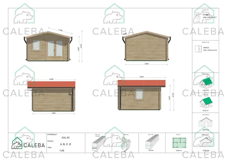 Casa in legno da giardino LAURA 16 m², lati A/B/C/D