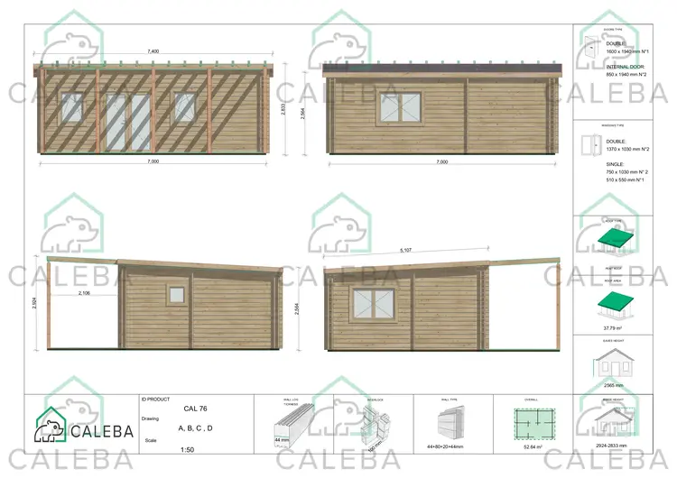 Casa coibentata con 3 stanze ISOBEL 52.64 m², lati A/B/C/D