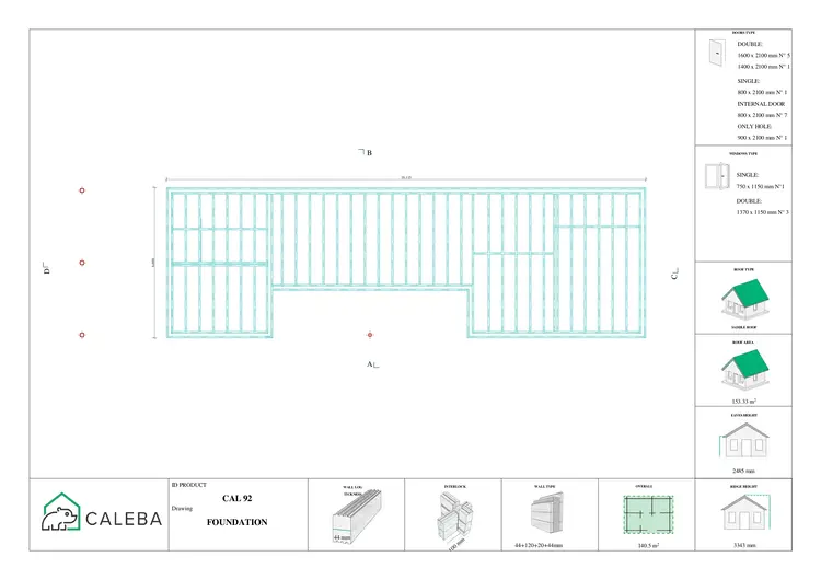 Casa prefabbricata con tettoia auto CLIO, piano fondazione