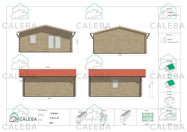 Casa di legno MATILDE 36 m², lati A/B/C/D