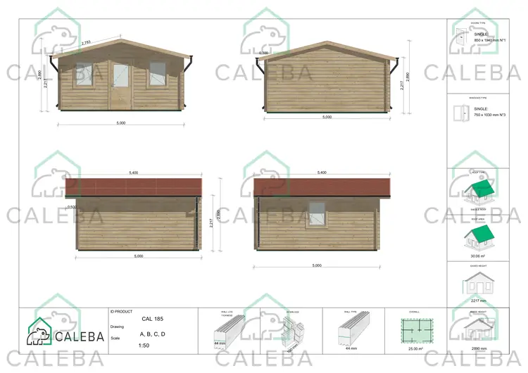 Casetta in legno CHIARA 25 m², lati A/B/C/D