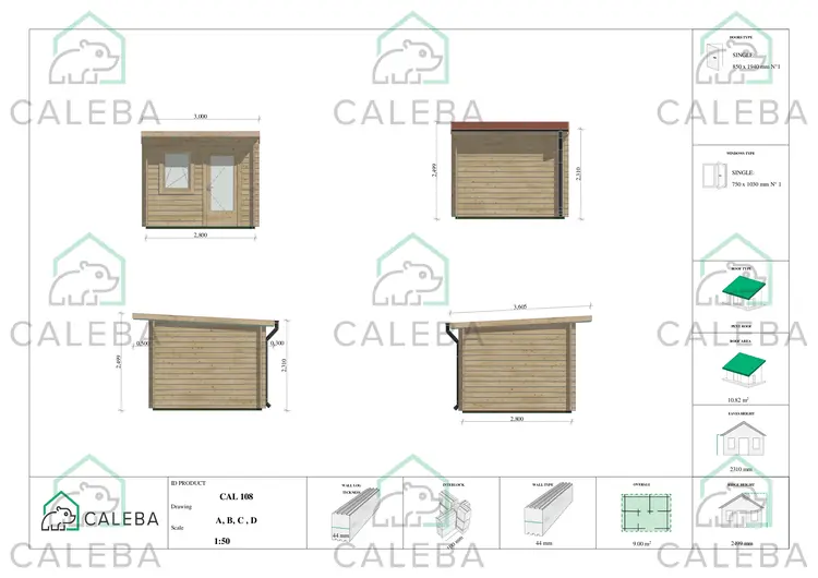 Casa in legno da giardinoSOLA 9 m², lati A/B/C/D