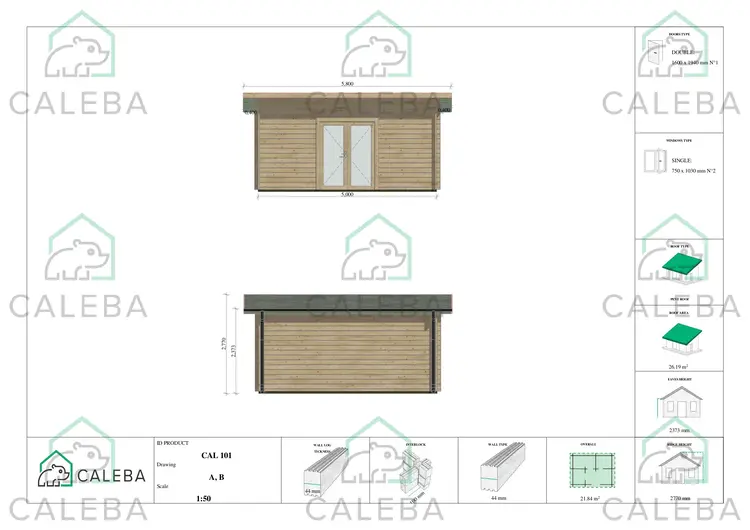 Casetta in legno GLORIA 22 m², lati A/B