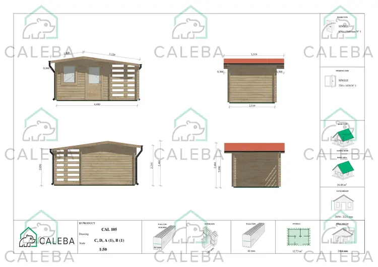 Casetta in legno AURORA con legnaia 12.73 m², lati A/B/C/D