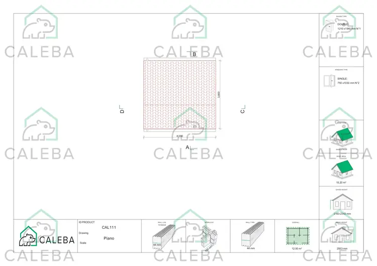 Casetta in legno AZZURRA 12 m², pianta copertura