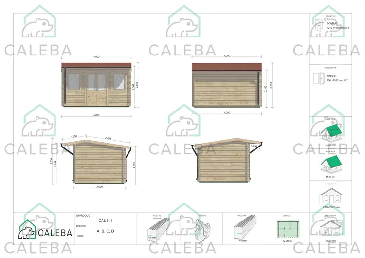 Casetta in legno AZZURRA 12 m², lati A/B/C/D