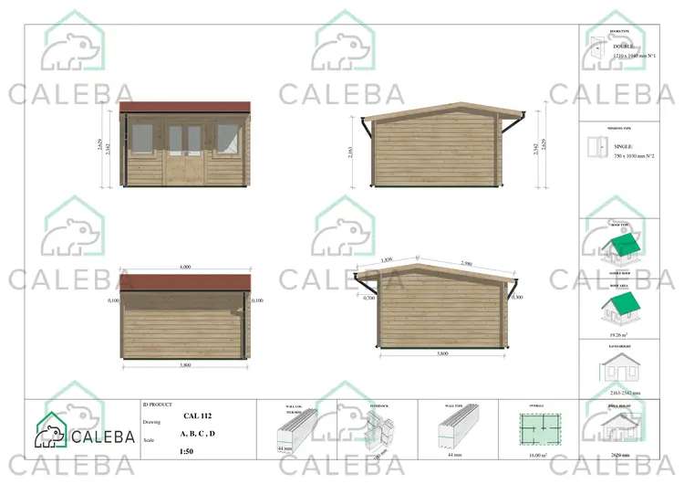 Casetta in legno AZZURRA 16 m², lati A/B/C/D