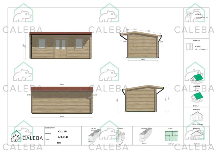 Casa in legno da giardino AZZURRA 18 m², lati A/B/C/D