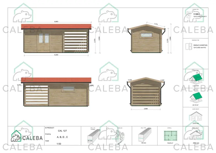 Casa in legno da giardino con legnaia FRIDA 19.20 m², lati A/B/C/D