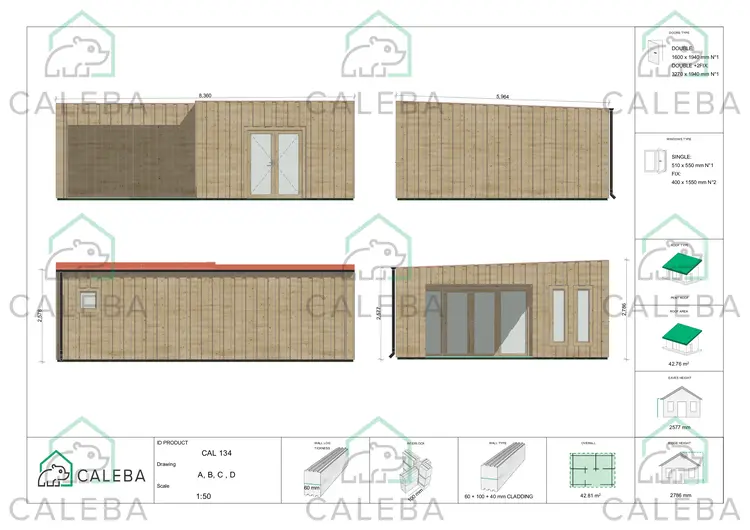 Casa di legno coibentata con cladding SOLEIL 42.81 m², lati A/B/C/D
