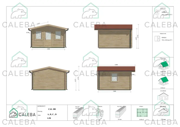 Casa in legno da giardino CHIARA 16 m², lati A/B/C/D