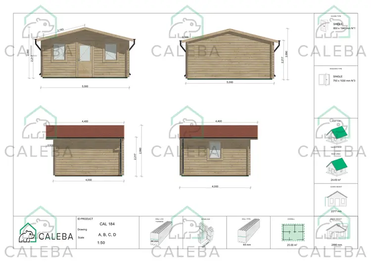 Casa in legno da giardino CHIARA 20 m², lati A/B/C/D