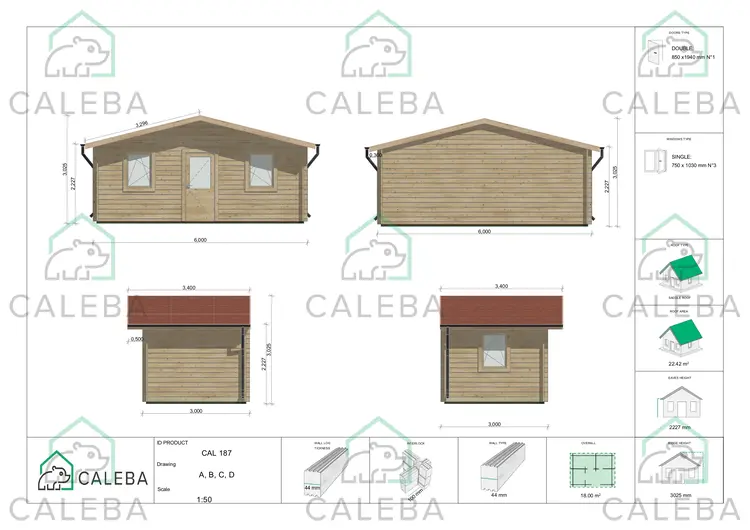 Casa in legno da giardino CHIARA 18 m², lati A/B/C/D