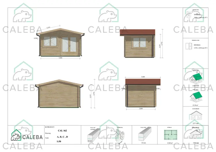 Casetta in legno LELLA 12 m², lati A/B/C/D