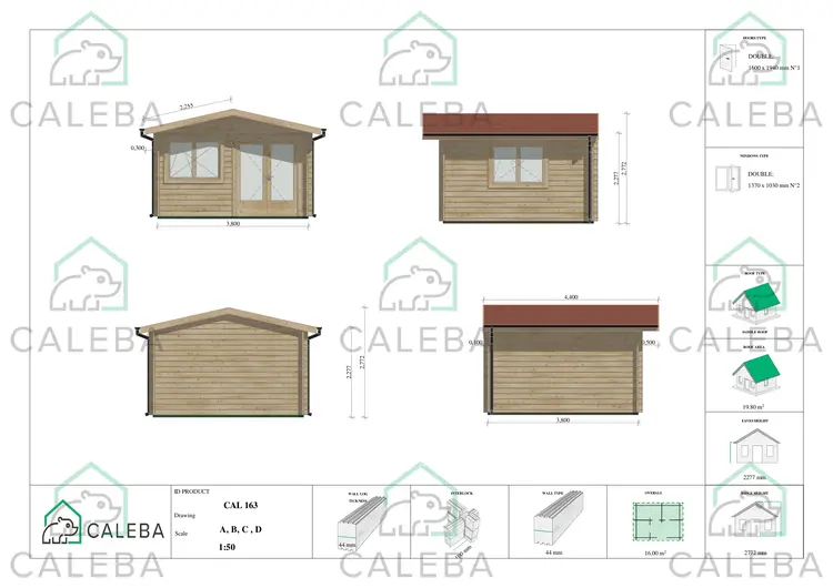 Casa in legno da giardino LELLA 16 m², lati A/B/C/D