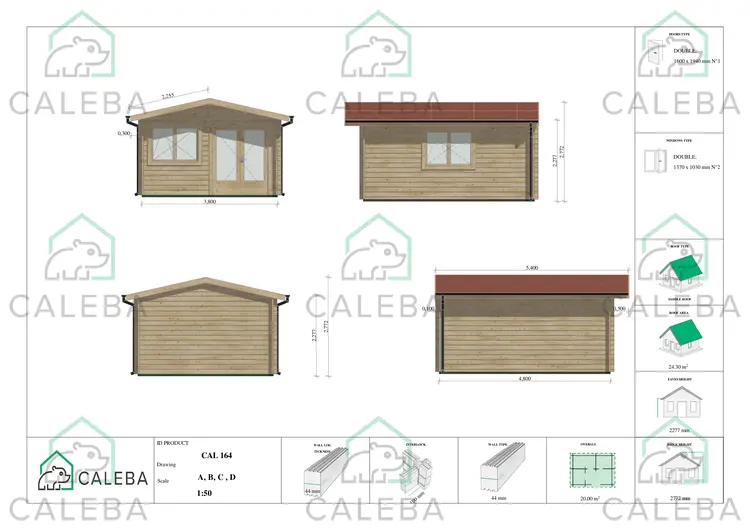 Casetta in legno LELLA 20 m², lati A/B/C/D