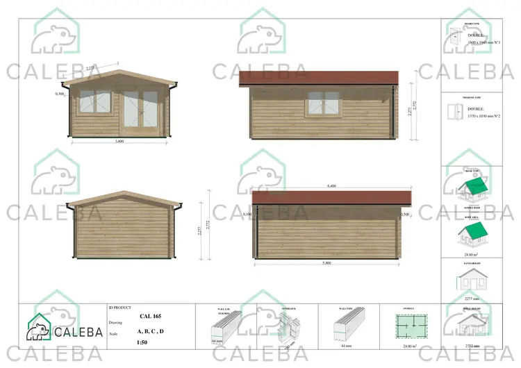 Casetta in legno 24 m² LELLA, lati A/B/C/D