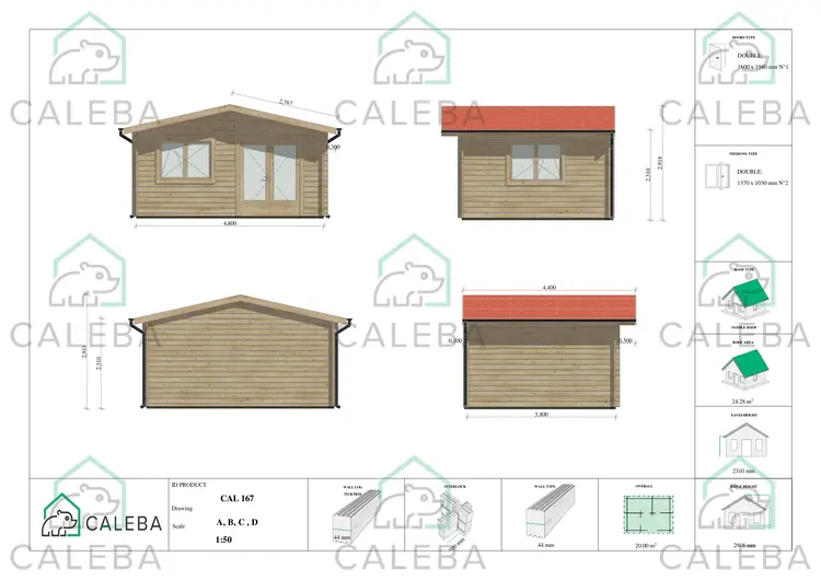 Casa in legno da giardino LELLA 20 m², lati A/B/C/D