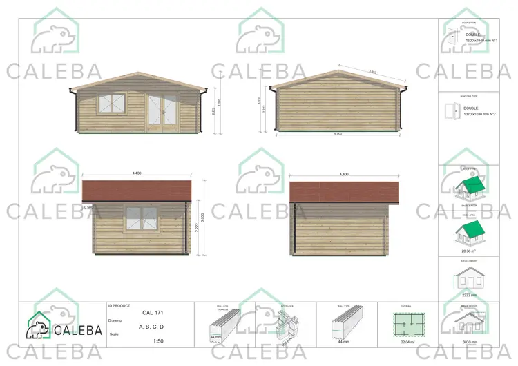 Casetta in legno LELLA 24 m², lati A/B/C/D