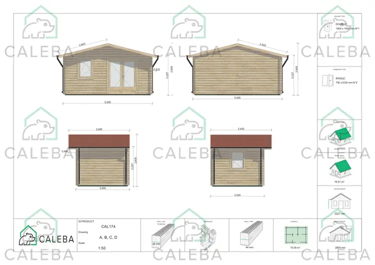 Casa in legno da giardino EMILY 15 m², lati A/B/C/D