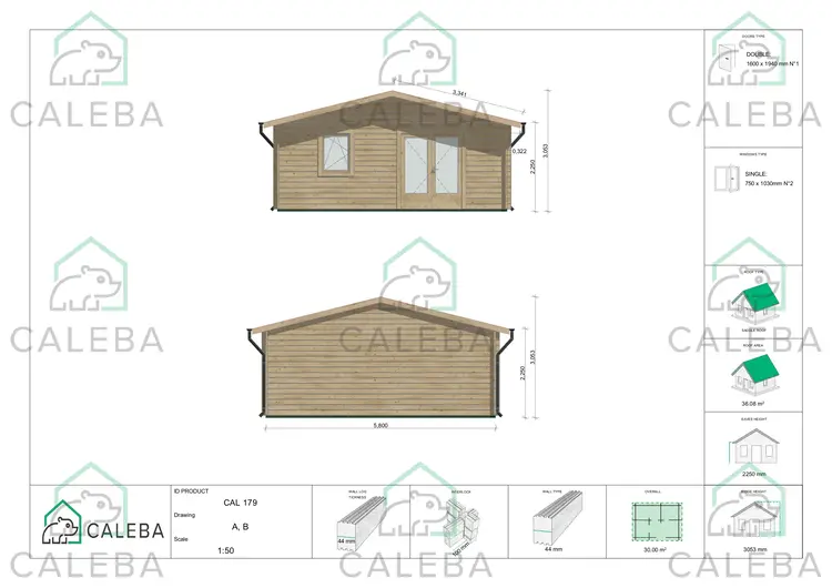 Casetta in legno EMILY 30 m², lati A/B/
