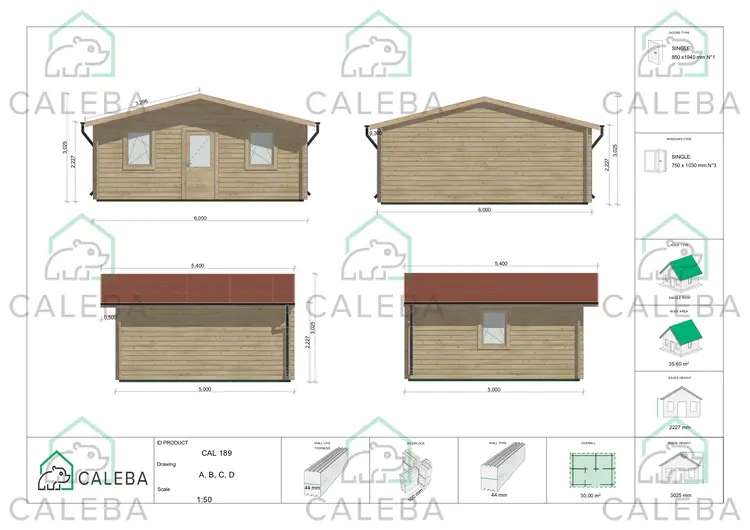 Casa in legno da giardino CHIARA 30 m², lati A/B/C/D