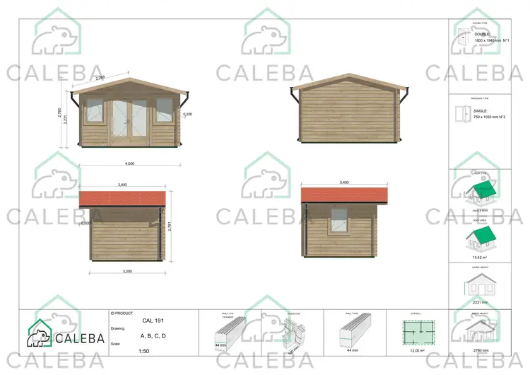 Casa in legno da giardino ARIZONA 12 m², lati A/B/C/D
