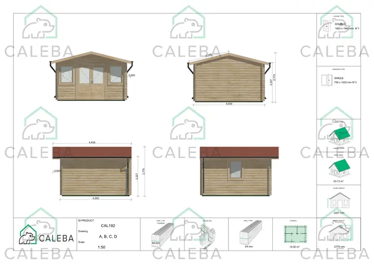 Casetta in legno ARIZONA 16 m², lati A/B/C/D
