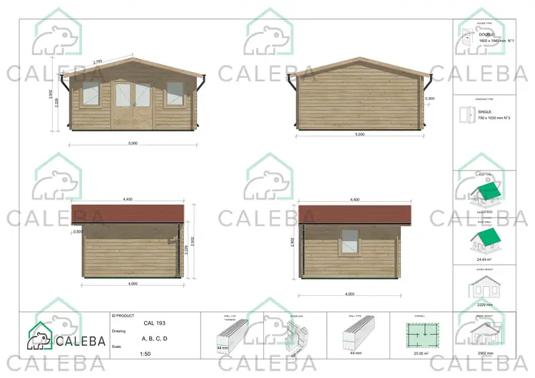 Casa in legno da giardino ARIZONA 20 m², lati A/B/C/D