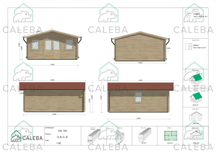 Casetta in legno ARIZONA 30 m², lati A/B/C/D