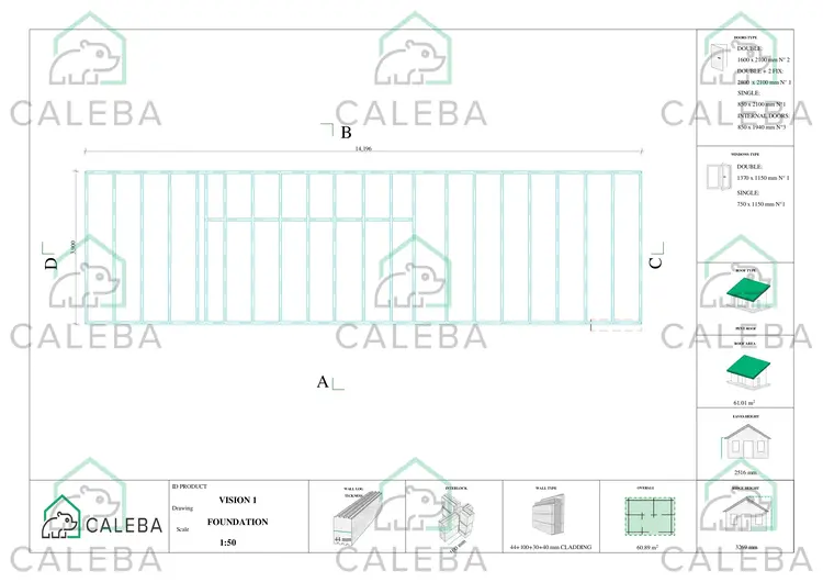 Bungalow in legno VISION 1 con patio 60.89 m², piano fondazione