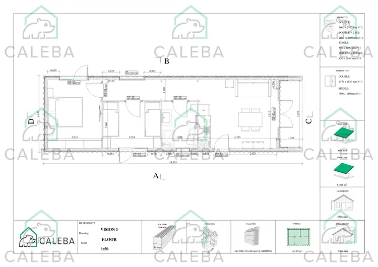 Bungalow in legno VISION 1 con patio 60.89 m², planimetria