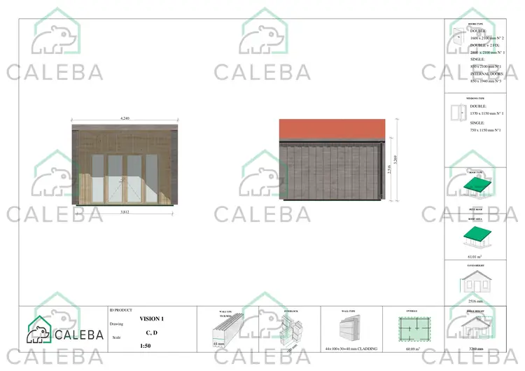 Bungalow in legno VISION 1 con patio 60.89 m², lati C/D