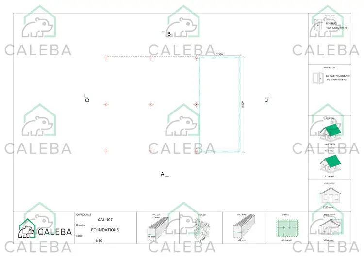 Tettoia doppia in legno con ripostiglio 45.03 m², piano fondazione