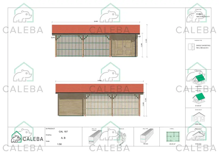 Tettoia doppia in legno con ripostiglio 45.03 m², lati A/B