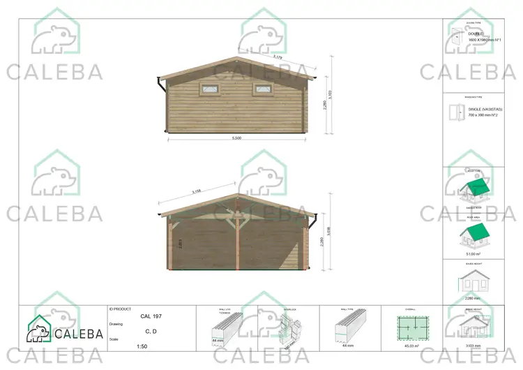 Tettoia doppia in legno con ripostiglio 45.03 m², lati C/D