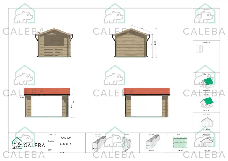 Gazebo di legno STELLA 12 m², lati A/B/C/D