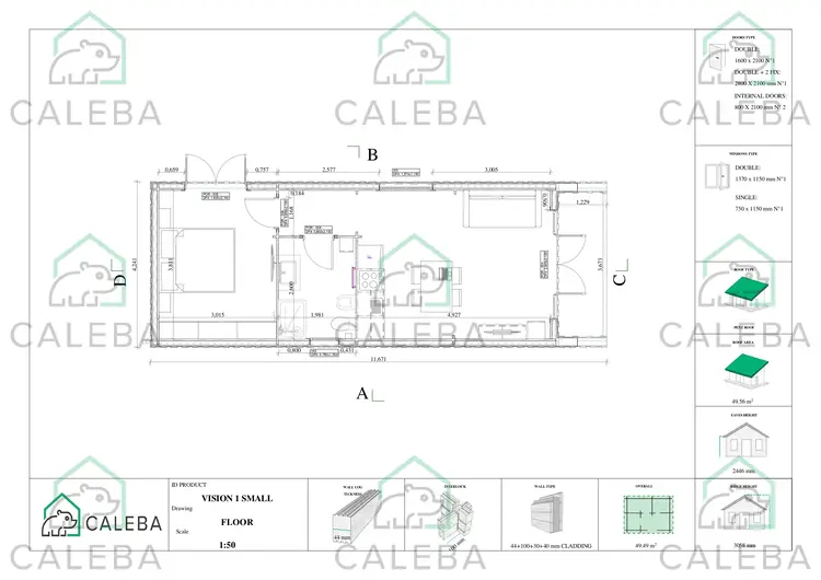 Bungalow in legno VISION 1 SMALL "S" con patio 49.49 m², planimetria
