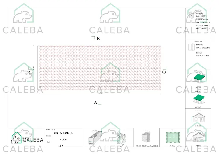 Bungalow in legno VISION 1 SMALL "S" con patio 49.49 m², pianta copertura