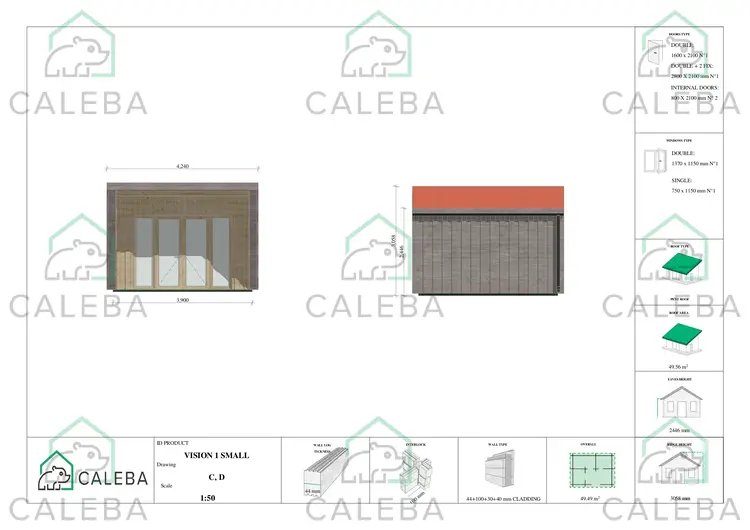 Bungalow in legno VISION 1 SMALL "S" con patio 49.49 m², lati C/D
