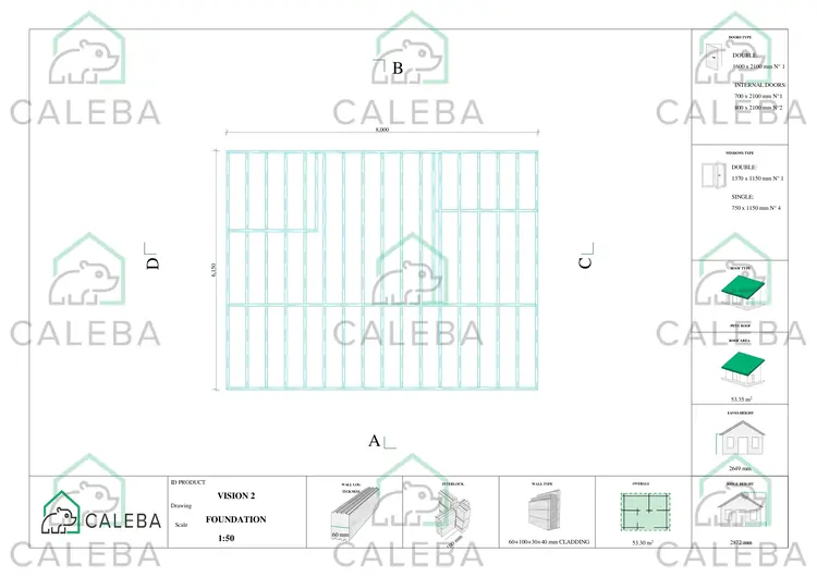 Bungalow di legno VISION 2 con patio 53.30 m², piano fondazione
