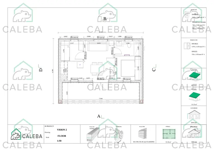 Bungalow di legno VISION 2 con patio 53.30 m², planimetria