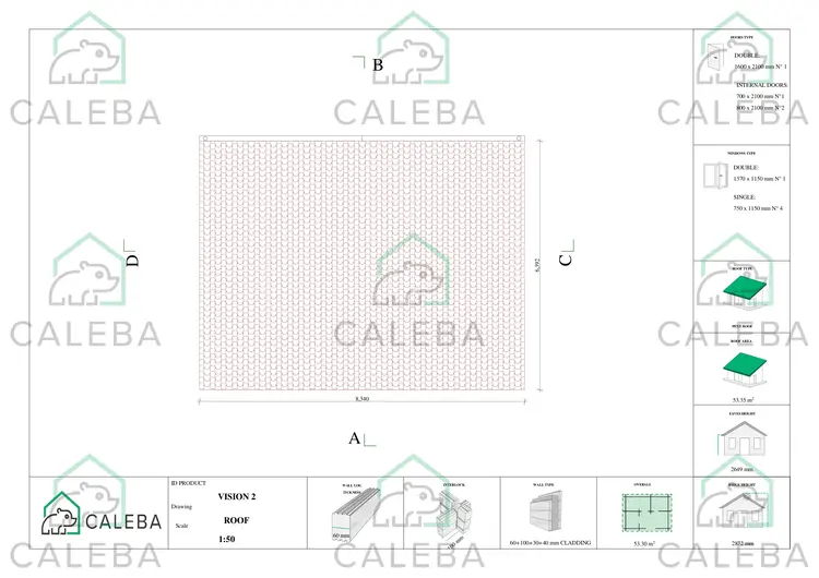 Bungalow di legno VISION 2 con patio 53.30 m², pianta copertura